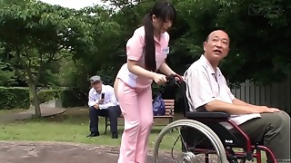 Subtitled extreme Japanese half naked caregiver outdoors