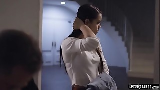 Nubile childminder agrees to fulfill hubbies late wifes last dream and is paid to get impregnated.All shy she lets him unwrap her and he thumbs and licks her pussy.She deepthroats his hard cock and gets banged rough until he drizzles in her cunny