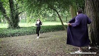Creeper demonstrates young hot runner! She stop and fucks the old dude!