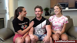 A strip indoor basketball game with two hot girls and 1 lucky dude