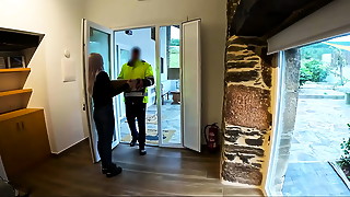 The delivery man comes home and I give him a surprise blowjob